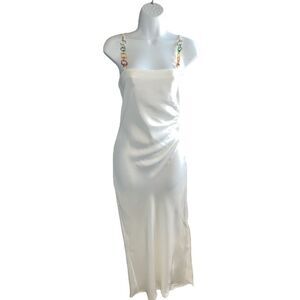 ZARA Ivory White Satin Midi Cami Sexy Slip Dress with Chain Strap Size XS